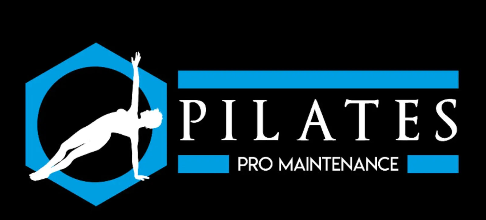 Pilates Pro Maintenance logo: figure in a side plank inside a blue hexagon.