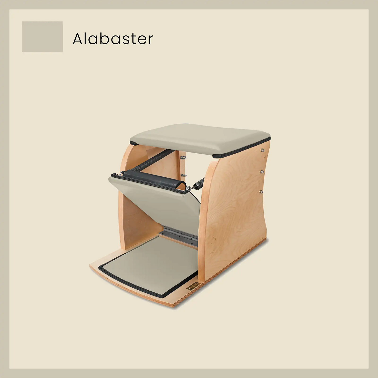 Grey Wunda chair with Alabaster upholstery and wood frame for Pilates training.