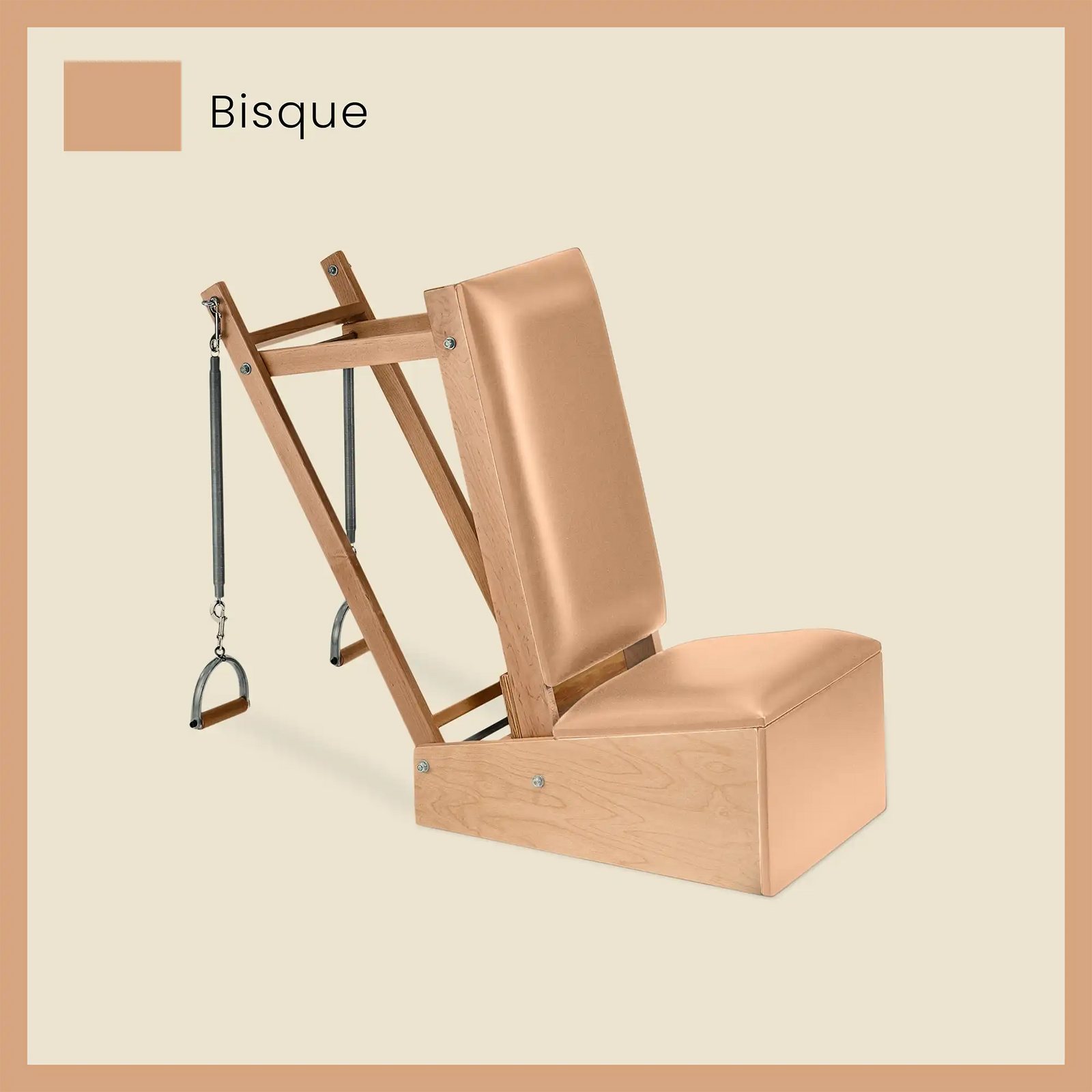 Bronze Pilates arm chair featuring metallic brown upholstery and natural wood frame.