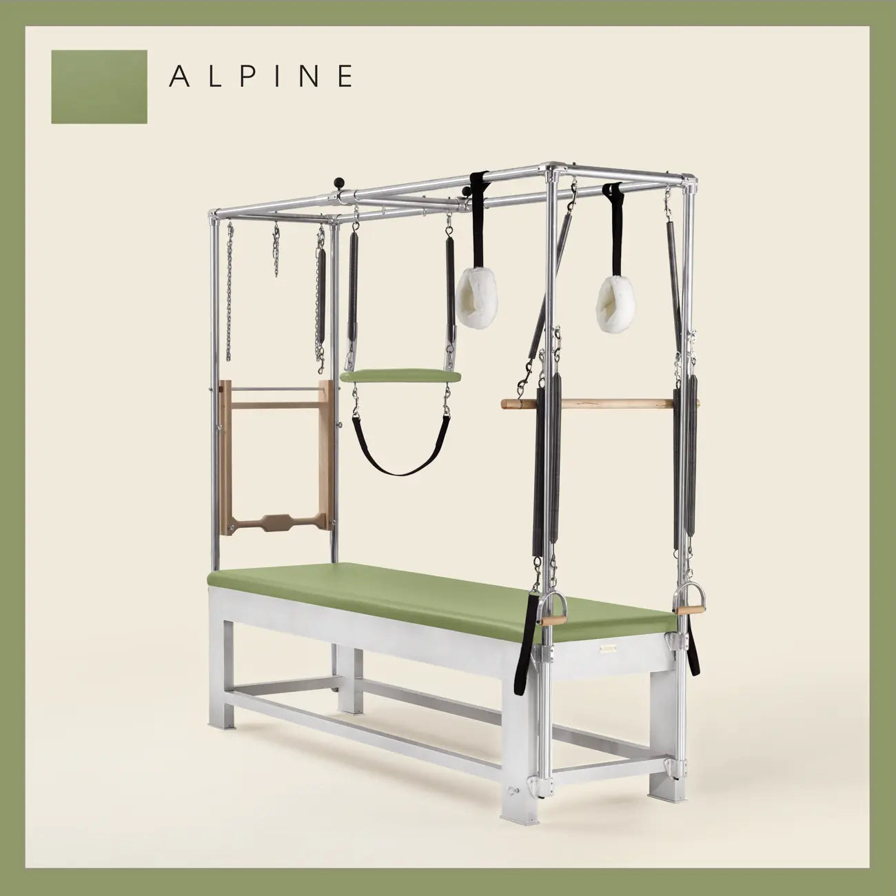 Alpine color Trapeze Table with aluminum frame, adjustable bars, straps, and springs. Premium Pilates equipment against a beige background.