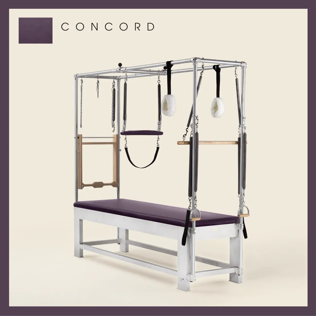 Concord color Trapeze Table with aluminum frame, adjustable bars, straps, and springs. Premium Pilates equipment against a beige background.