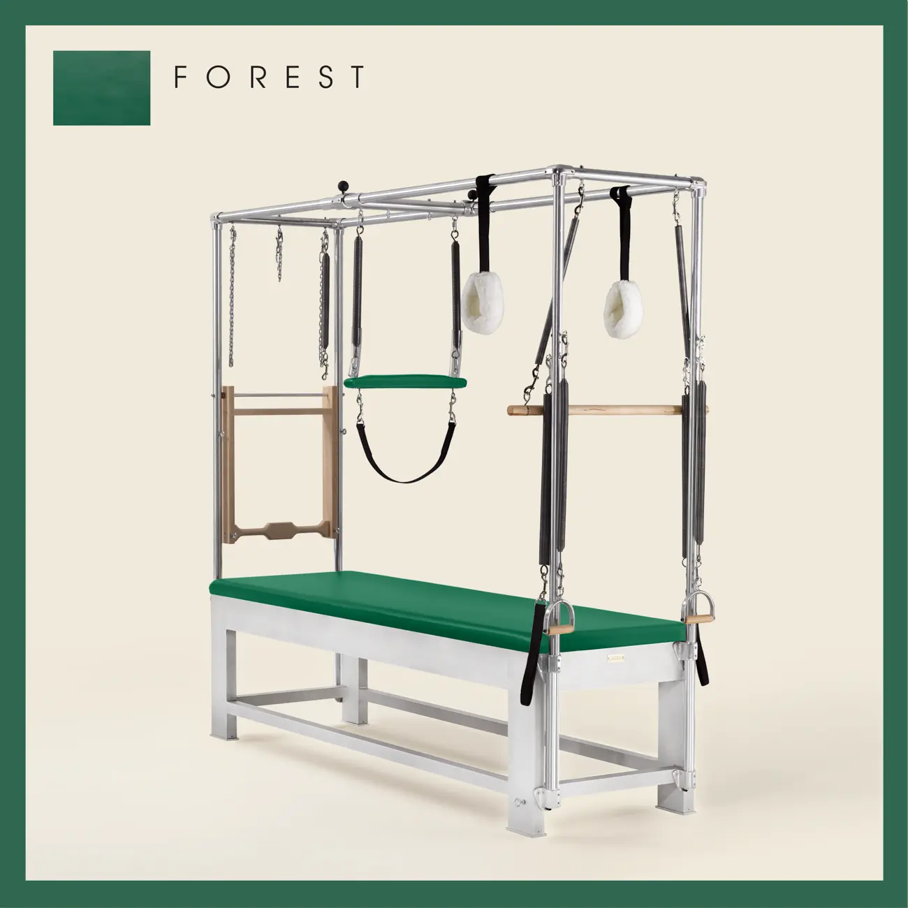 Forest color Trapeze Table with aluminum frame, adjustable bars, straps, and springs. Premium Pilates equipment against a beige background.