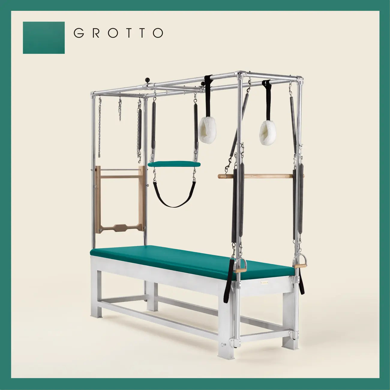 Grotto color Trapeze Table with aluminum frame, adjustable bars, straps, and springs. Premium Pilates equipment against a beige background.