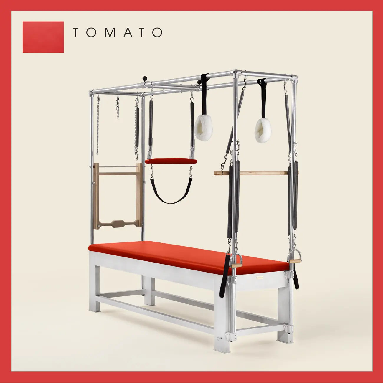 Tomato color Trapeze Table with aluminum frame, adjustable bars, straps, and springs. Premium Pilates equipment against a beige background.