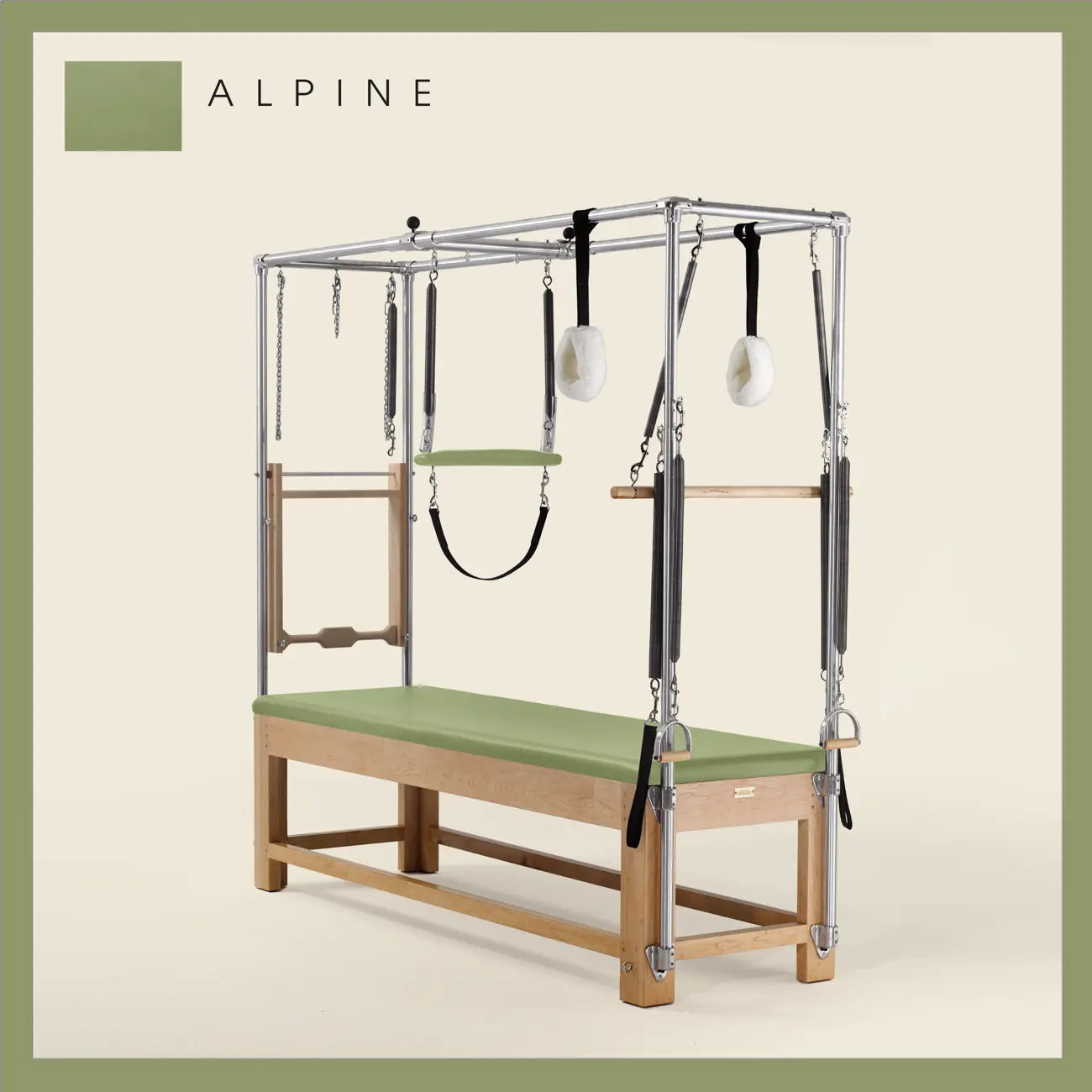 Alpine Pilates Cadillac with maple wood frame, adjustable bars, straps, and springs. Premium Pilates equipment against a beige background.