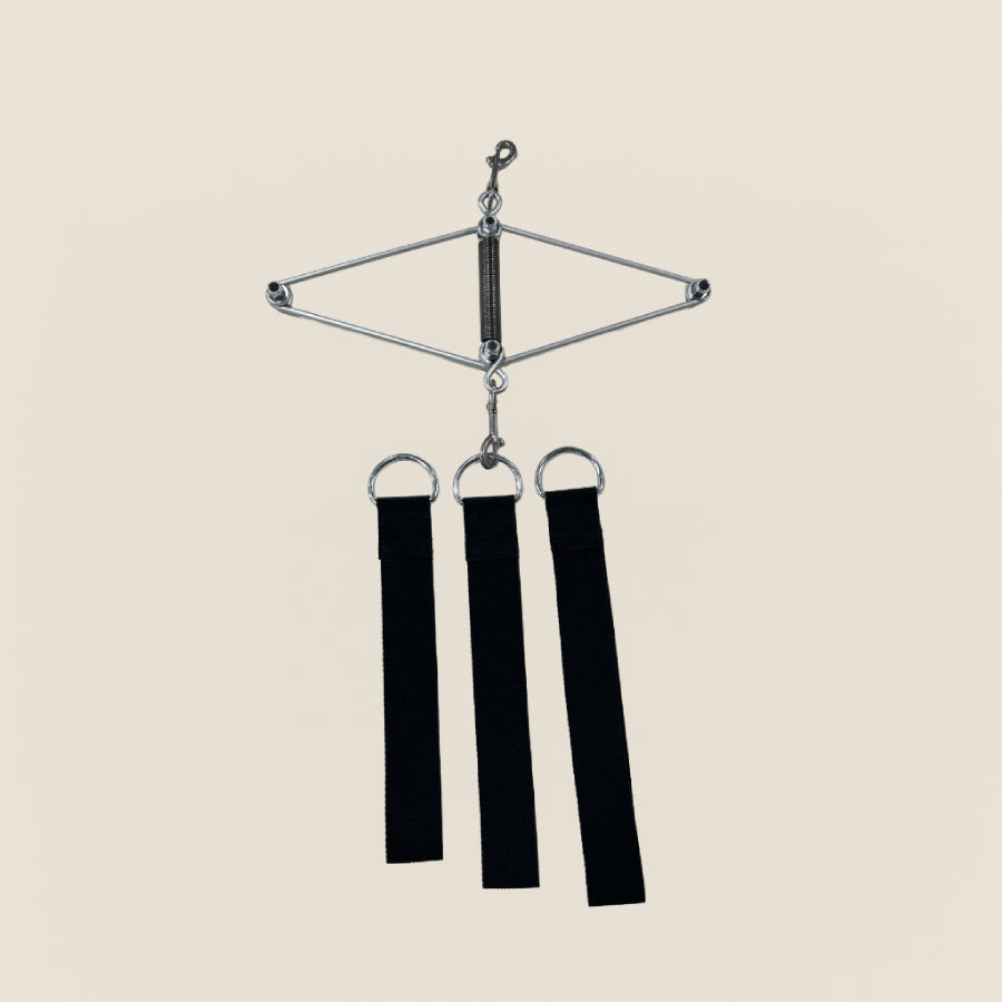 Gratz Pilates neck stretcher with diamond spring frame and three black webbing straps.