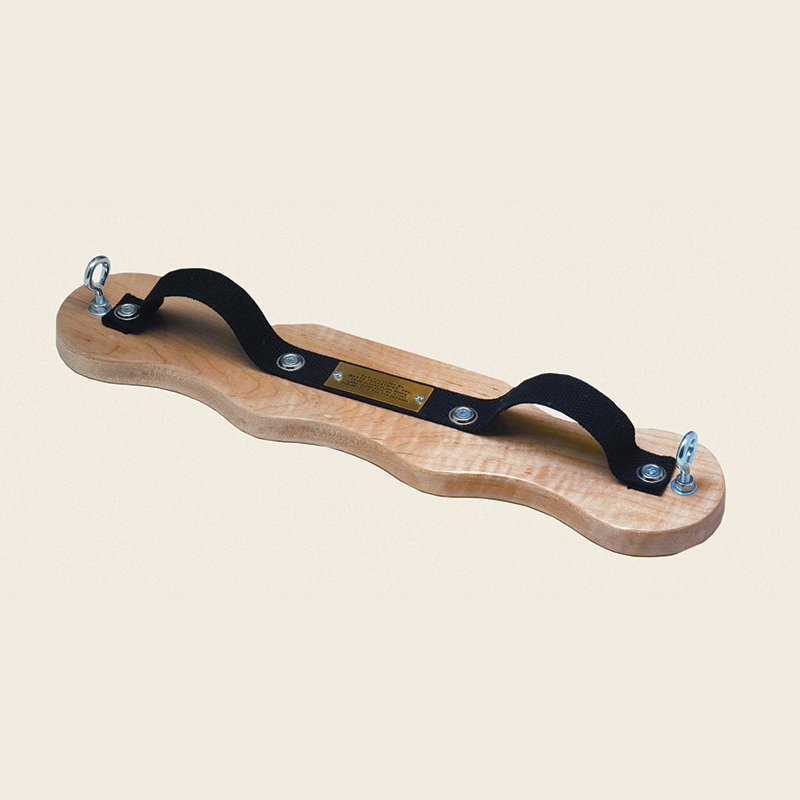 Pilates airplane board with curved wooden base and two black foot straps for leg spring exercises.