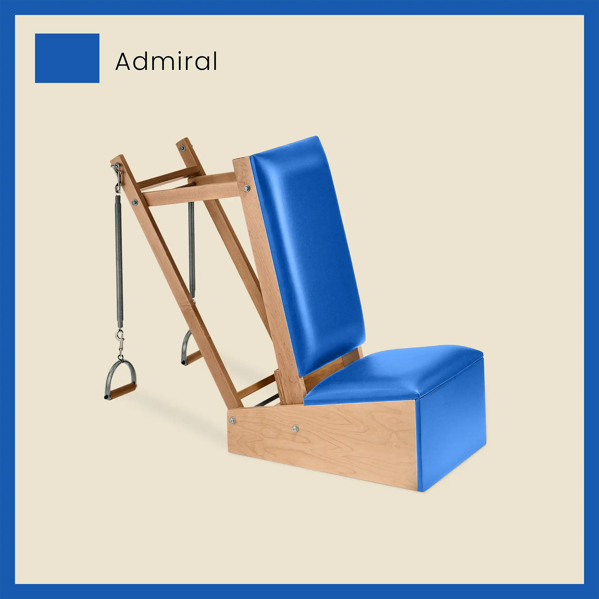 Blue Pilates arm chair with shiny blue upholstery and wooden frame for resistance training.