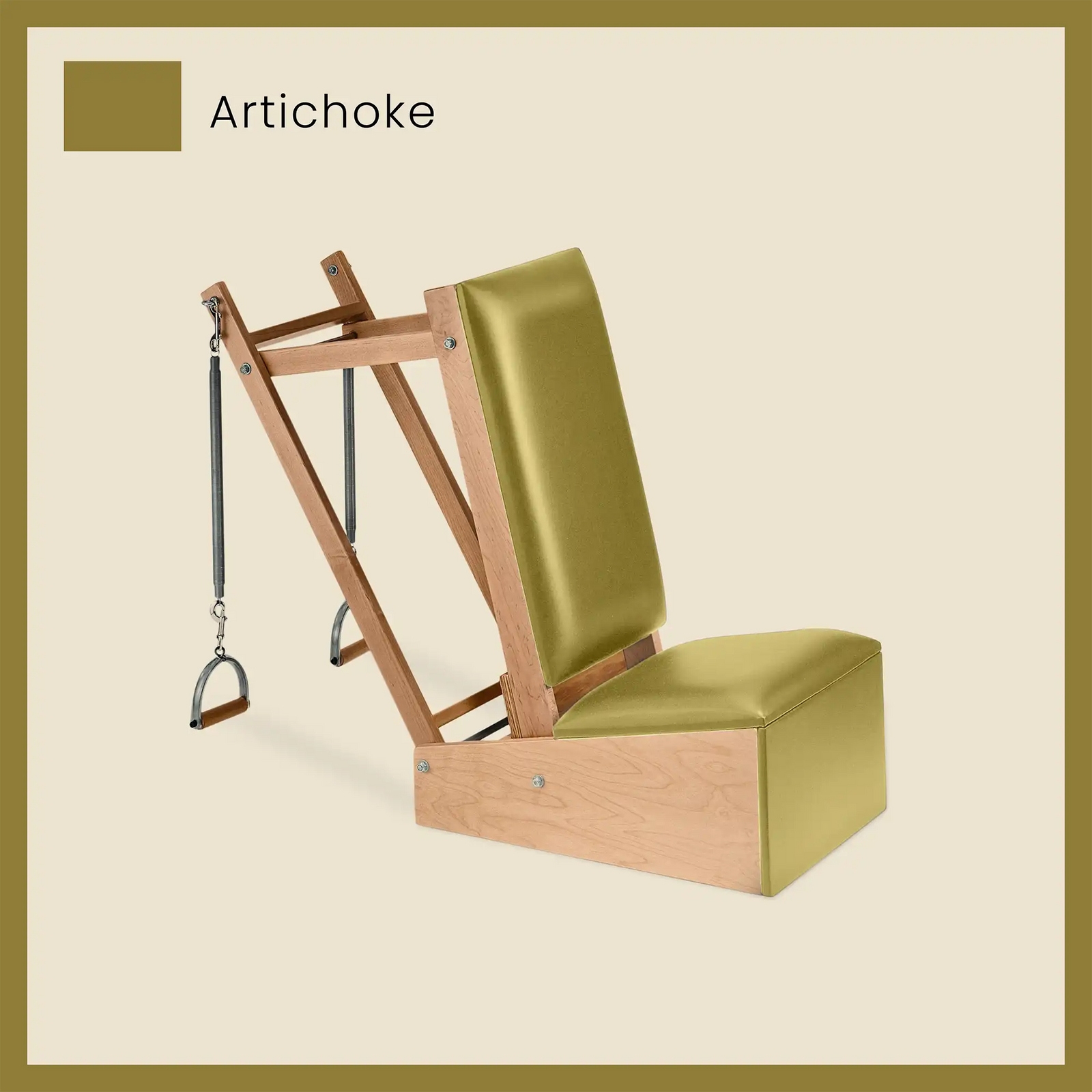 Khaki Pilates arm chair in Artichoke color with wood construction and spring-loaded handles.