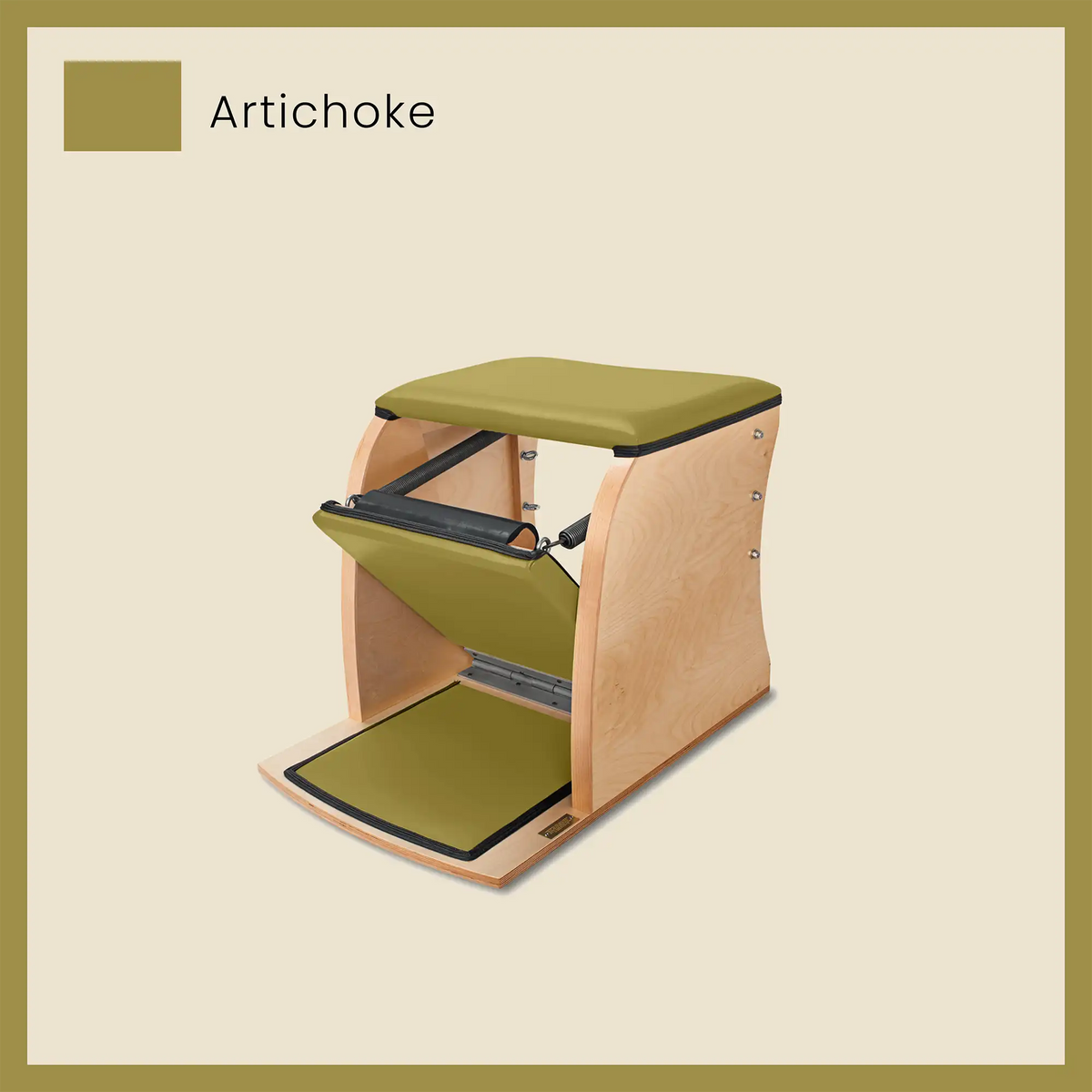 Khaki Wunda chair in Artichoke color with soft padding and adjustable resistance pedal.