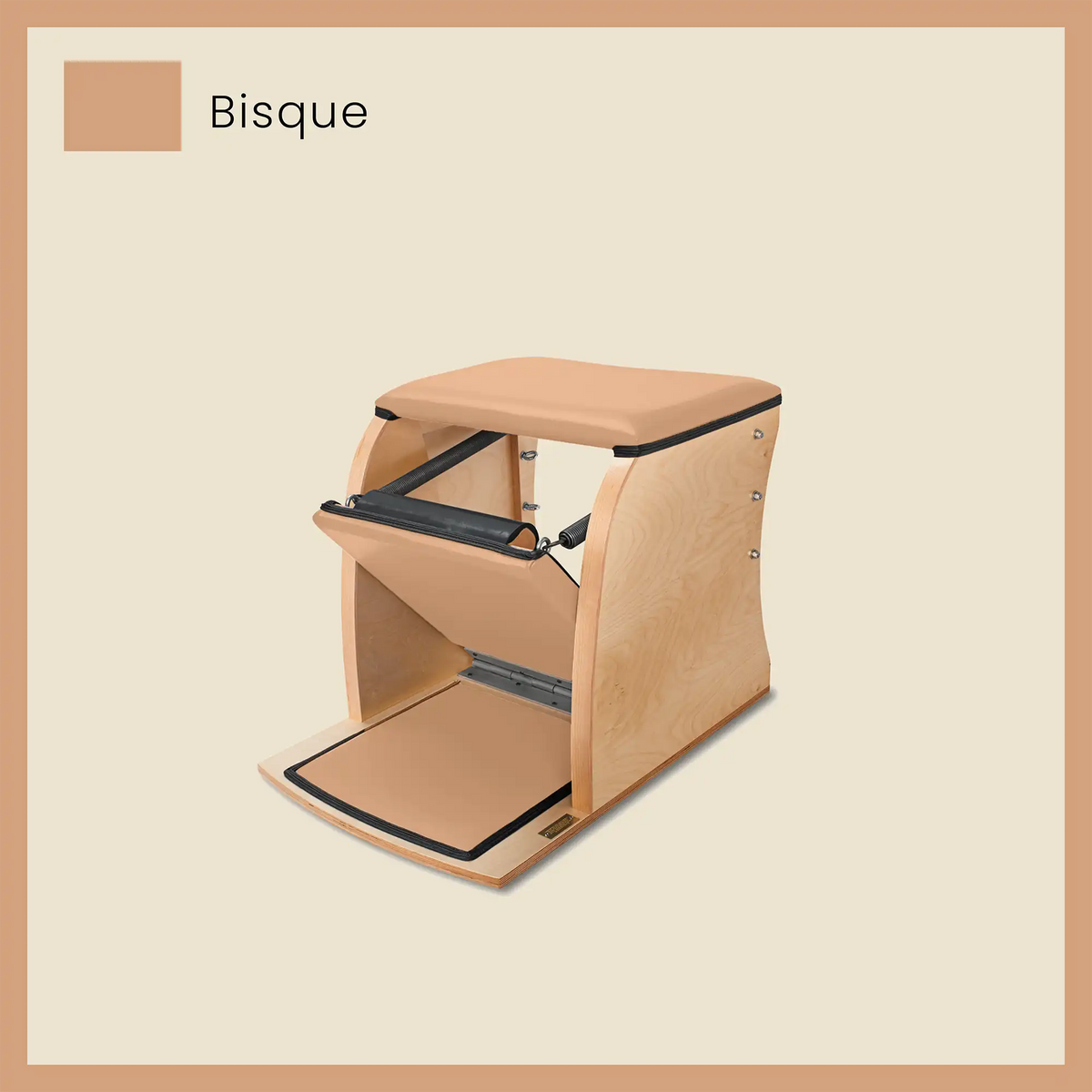 Beige Wunda chair with Bisque-colored padding and natural wood frame for Pilates workouts.