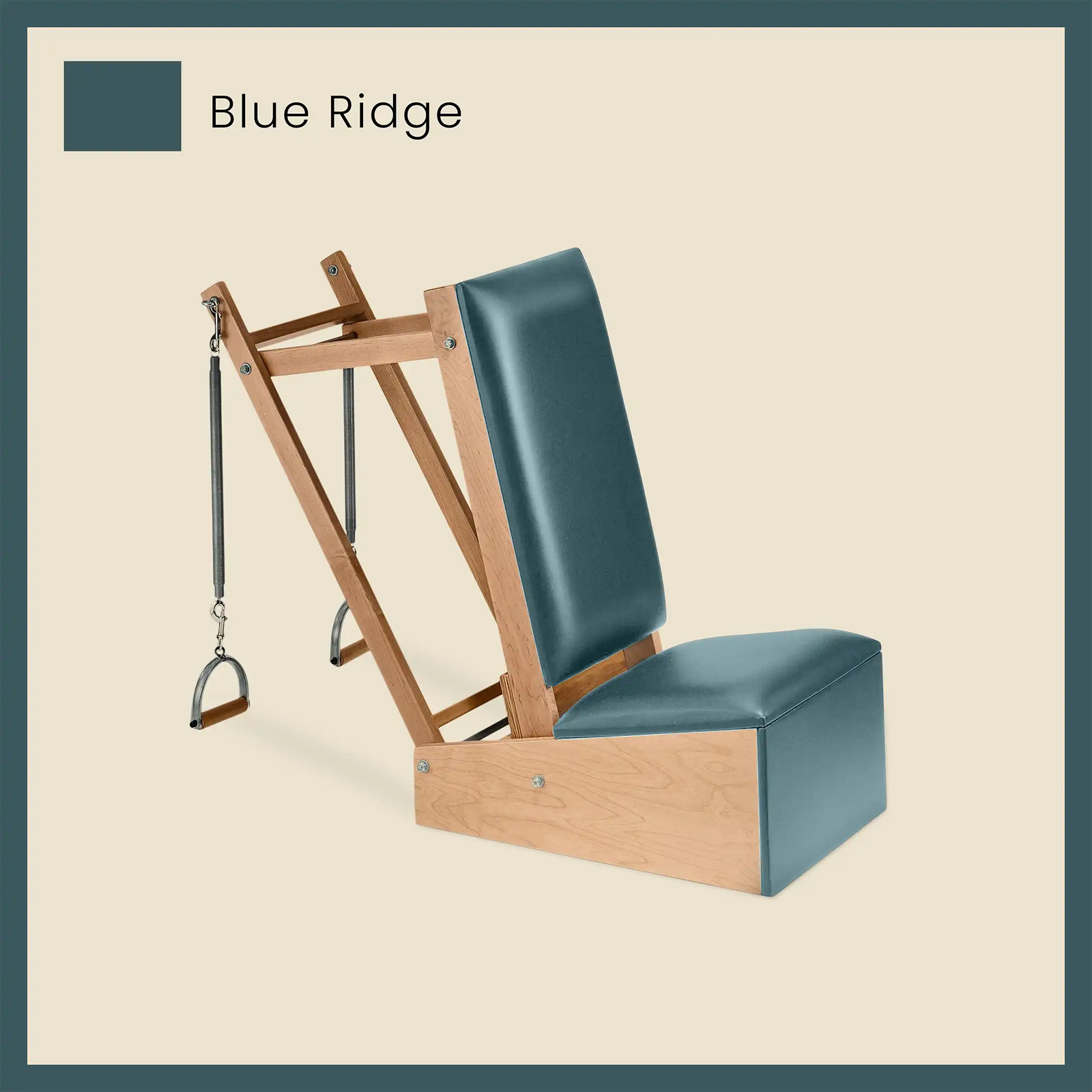 Blue Pilates arm chair in Blue Ridge tone with springs and sturdy wooden structure.