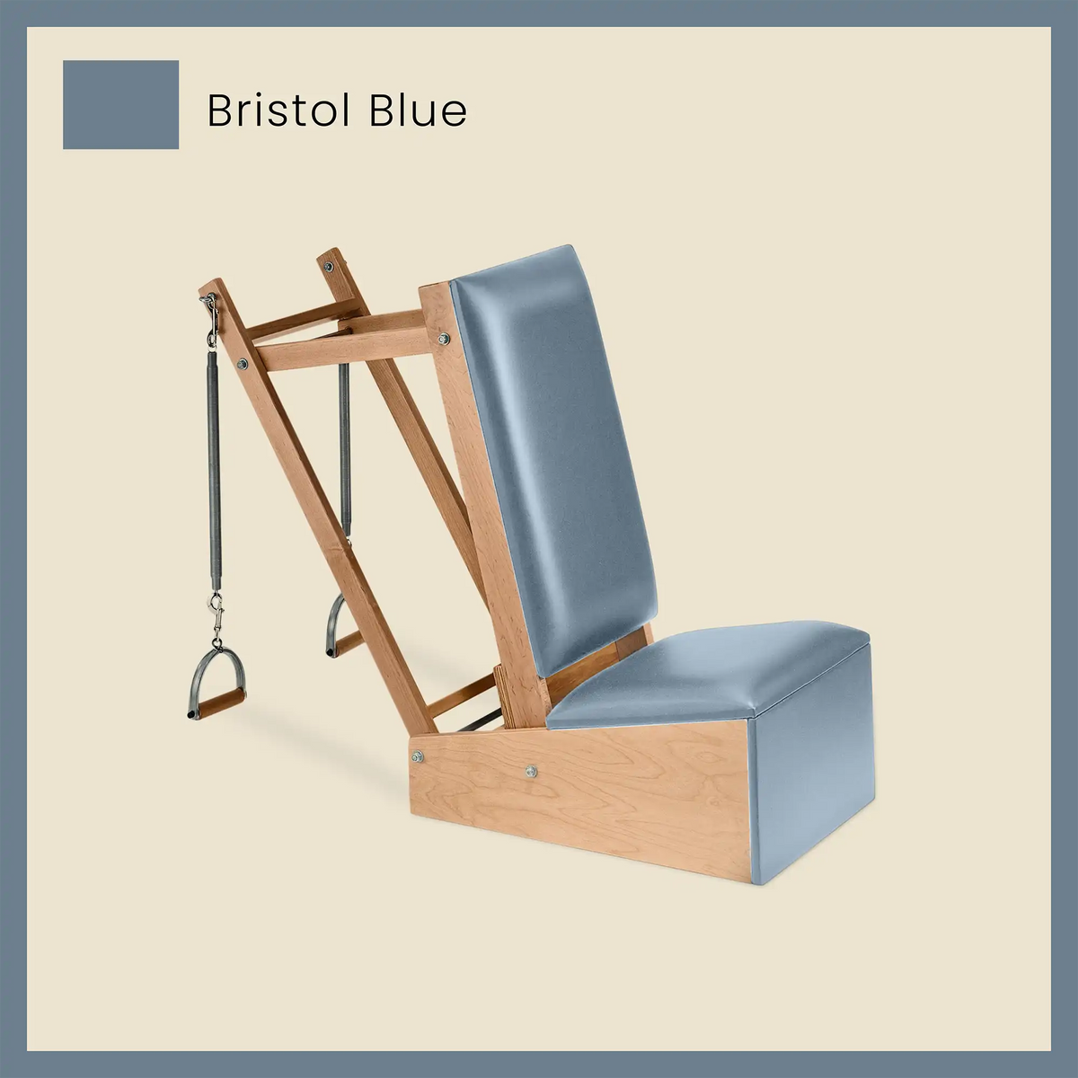 Light blue Pilates arm chair in Bristol Blue finish with padded seat and backrest.