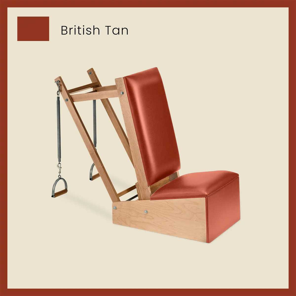 Tan Pilates arm chair in British Tan color with spring attachments and ergonomic design.