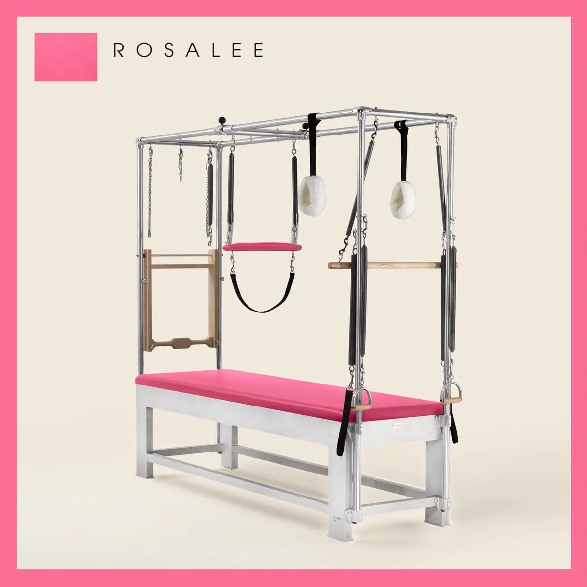 Rosalee color Trapeze Table with aluminum frame, adjustable bars, straps, and springs. Premium Pilates equipment against a beige background.
