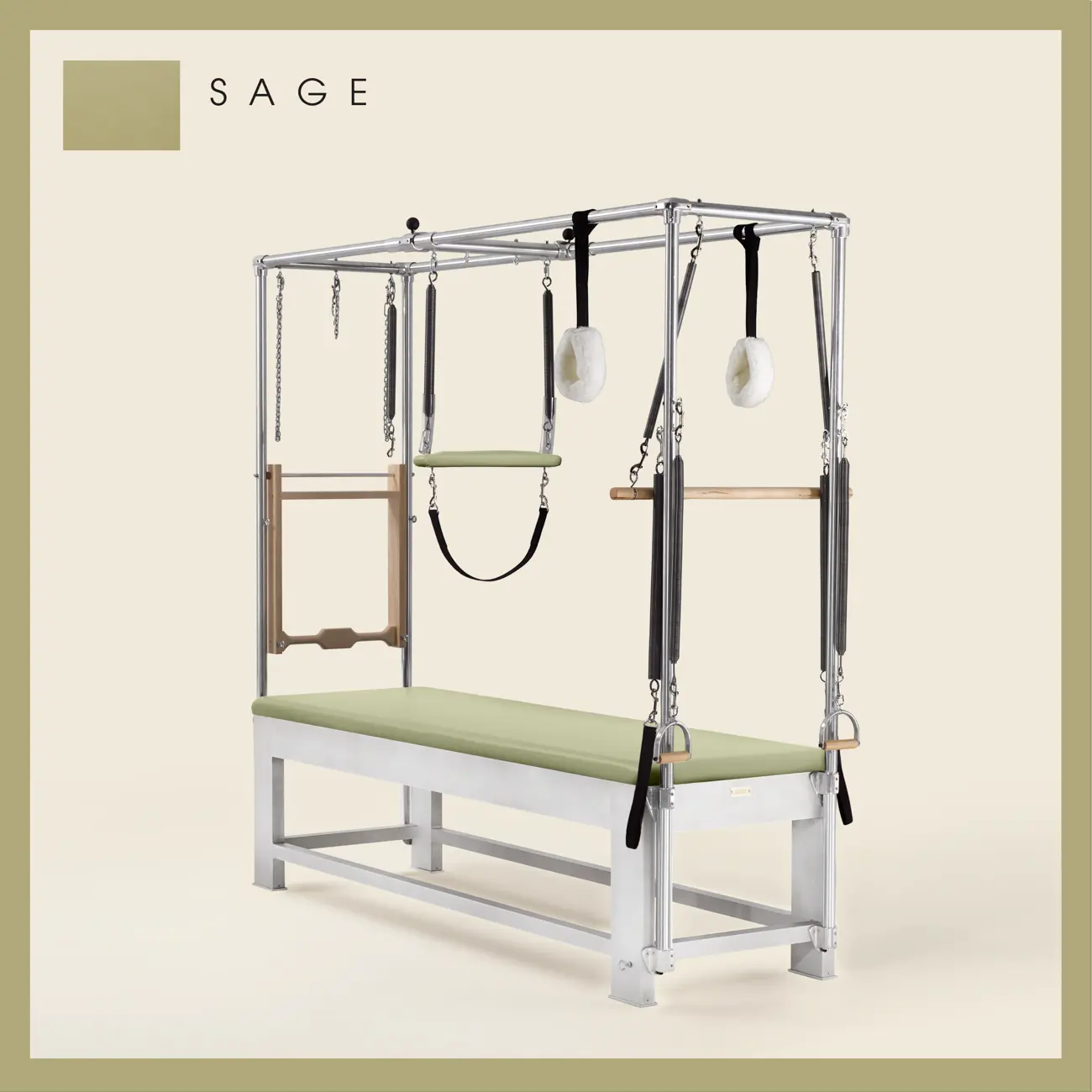 Sage color Trapeze Table with aluminum frame, adjustable bars, straps, and springs. Premium Pilates equipment against a beige background.
