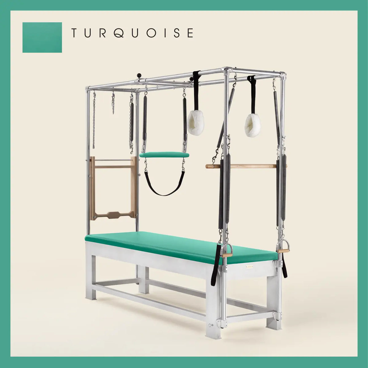 Turquoise color Trapeze Table with aluminum frame, adjustable bars, straps, and springs. Premium Pilates equipment against a beige background.