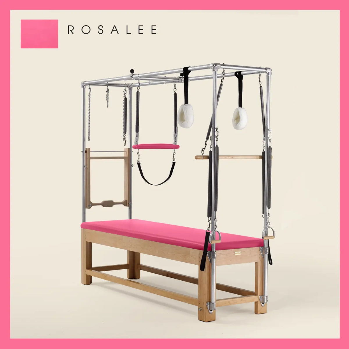 Rosalee Pilates Cadillac with maple wood frame, adjustable bars, straps, and springs. Premium Pilates equipment against a beige background.