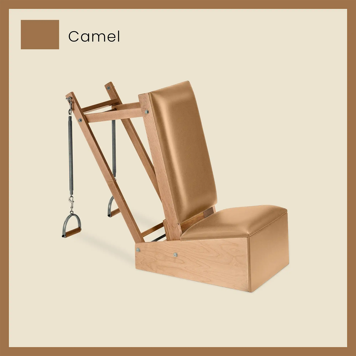 Camel small Pilates arm chair in warm neutral tone with padded seating and attached springs.