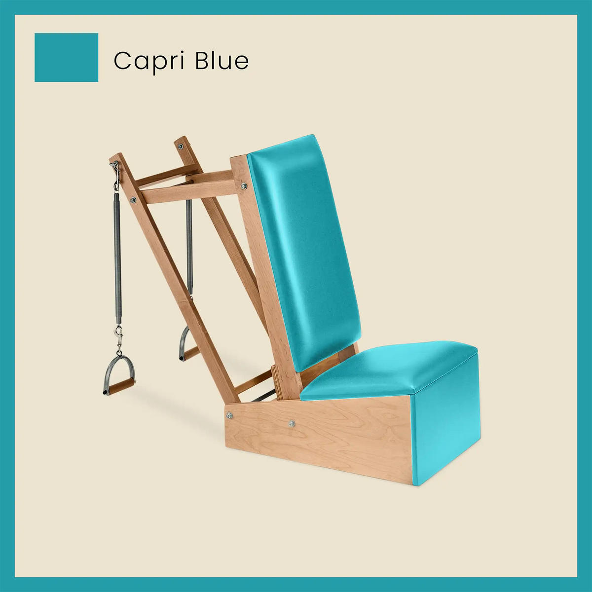Light blue small Pilates arm chair in Capri Blue color with sleek design and wood accents.