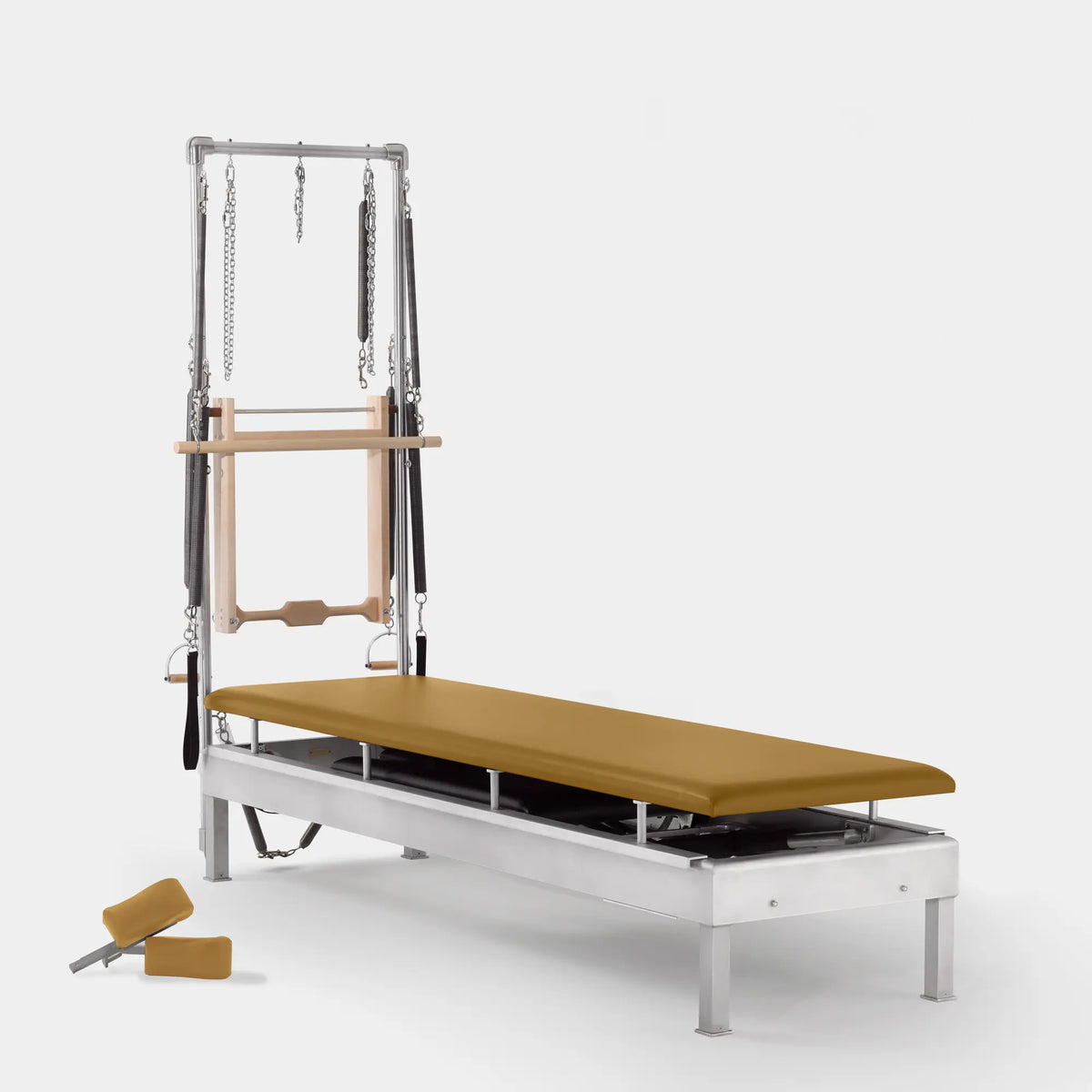Gratz Pilates half Cadillac with full bed in camel upholstery, aluminum frame, springs, and straps.