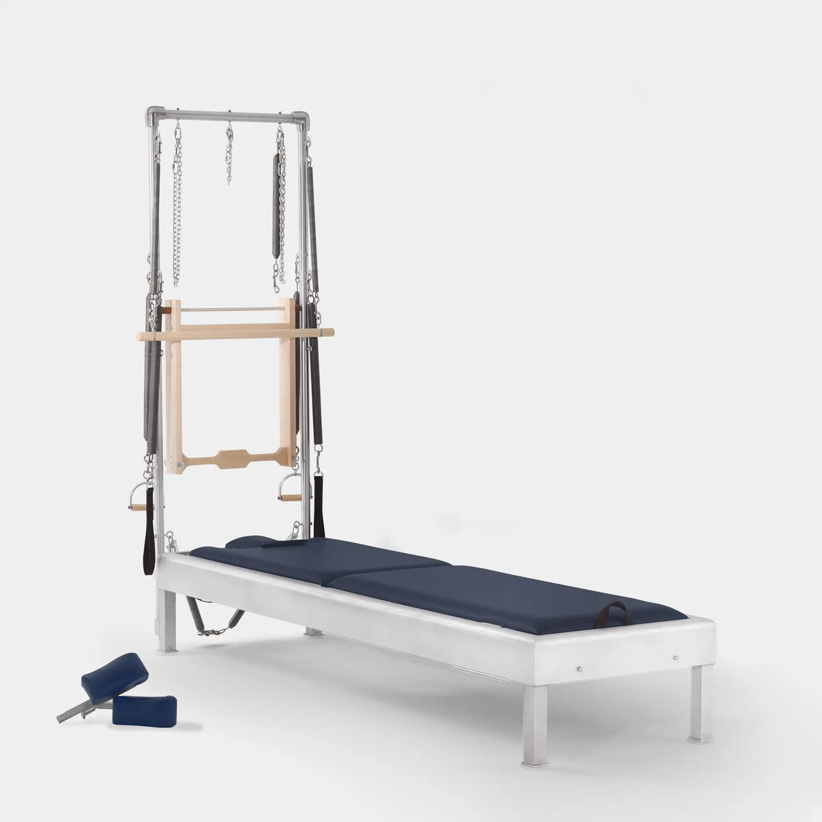 Gratz Pilates half Cadillac with aluminum frame, imperial blue upholstery, springs, straps, and push-through bar.