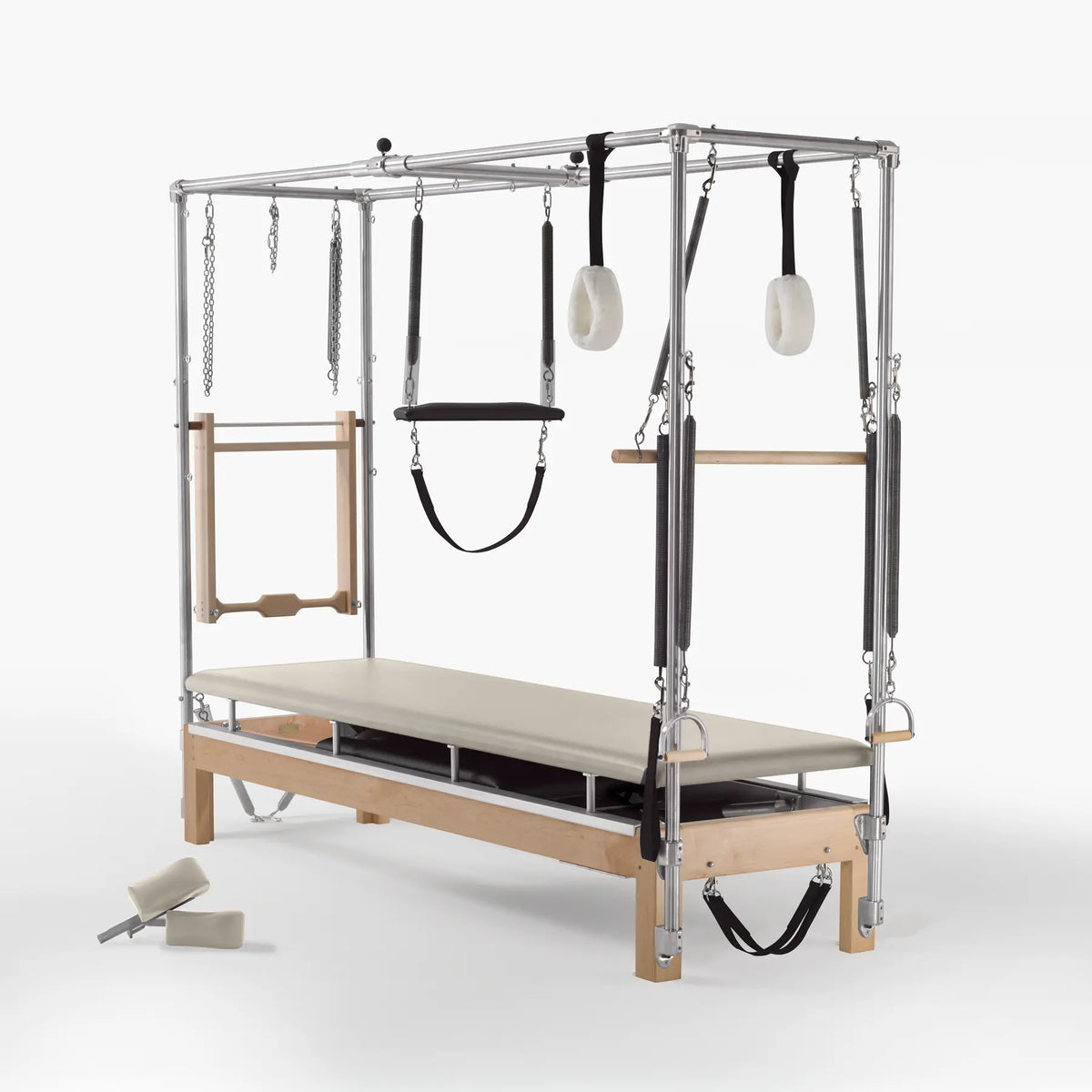 Gratz Pilates Cadillac trapeze table with full bed, wooden frame, springs, straps, and push-through bar.