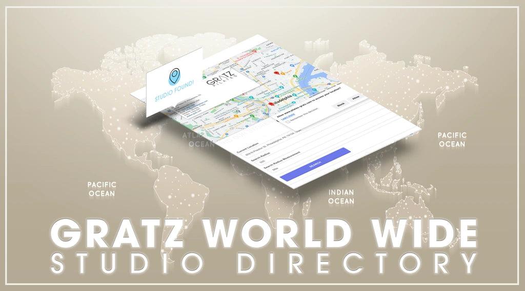 Image of a map on a cream-colored background. Text: 'Gratz Worldwide Studio Directory.'