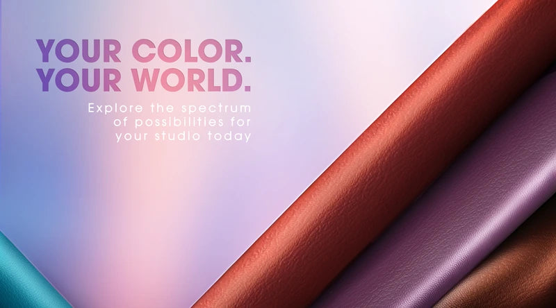 Close-up shots of colorful upholstery. Text reads: 'Your Color. Your World. Explore the possibilities for your studio today.